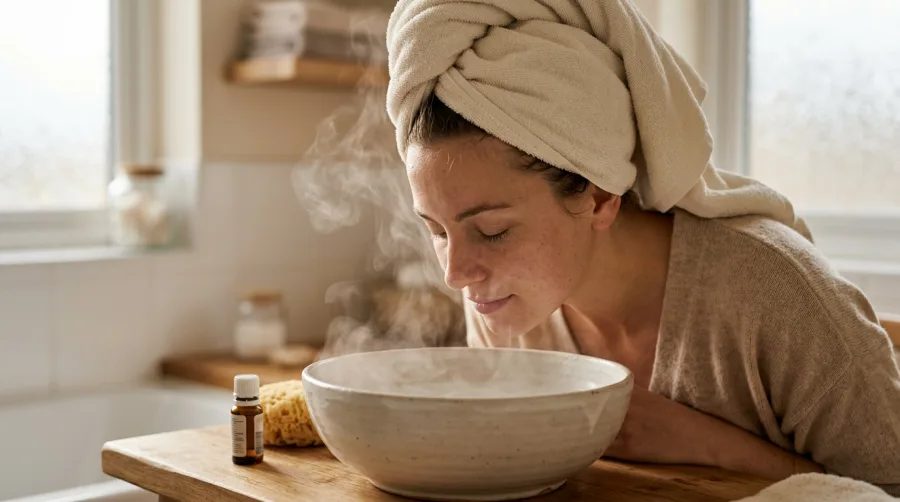 Kobieta robiąca parówkę twarzy przed nałożeniem maseczki