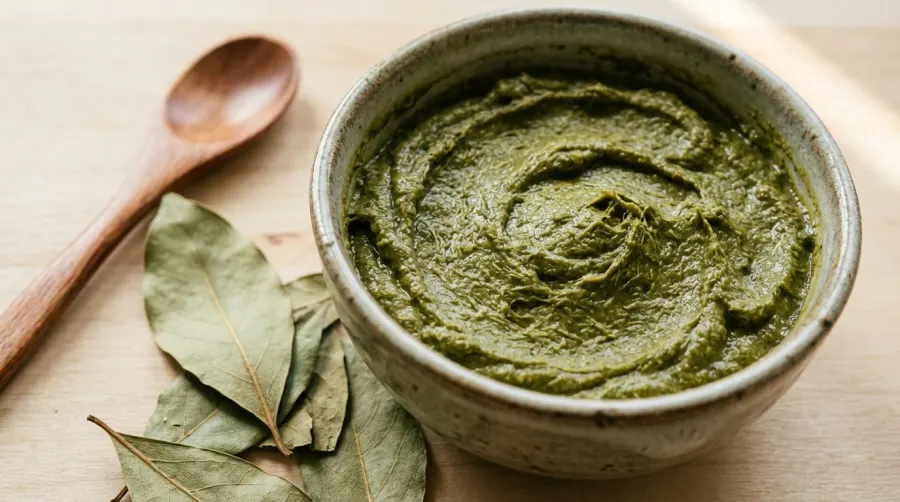 Gęsta zielona pasta z cassii w ceramicznej miseczce
