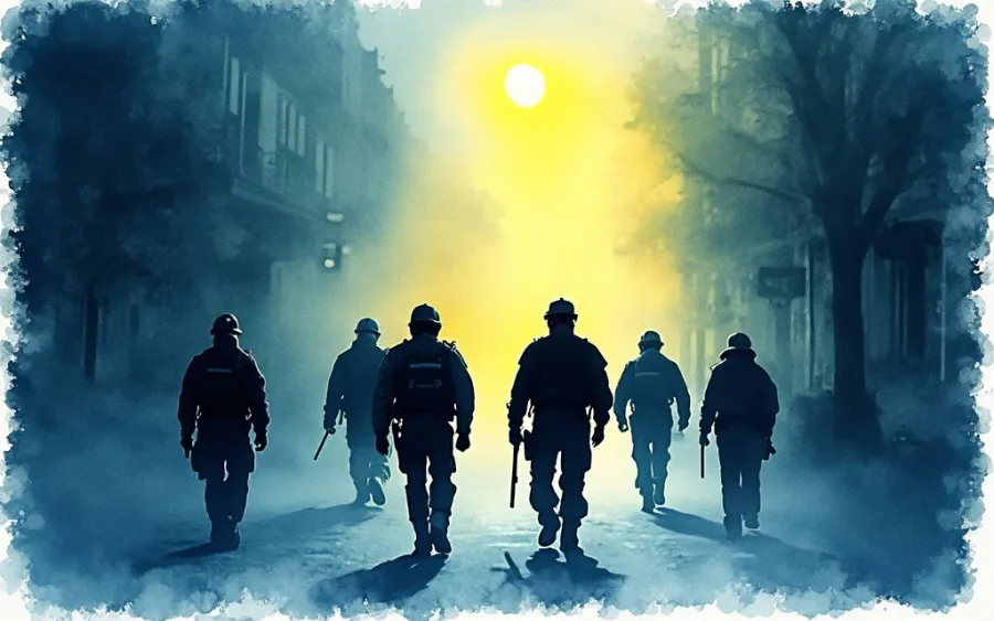 Tajemniczy patrol idący mglistą ulicą w nocy w stylu akwarelowym.