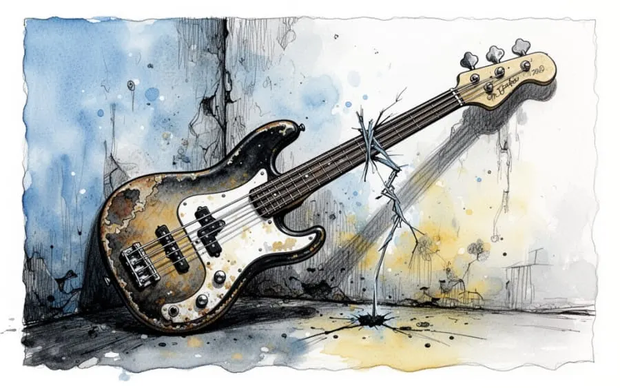 Zepsuta gitara basowa pęknięta struna
