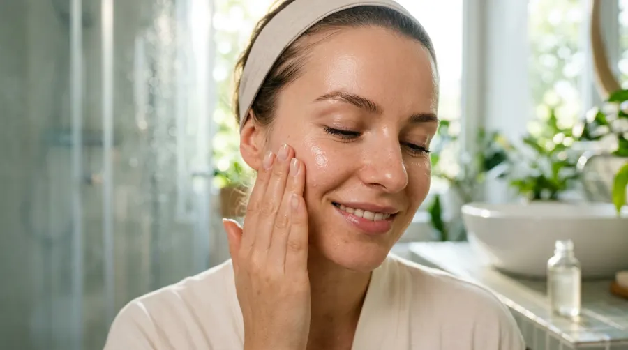 Nakładanie nawilżającego serum na twarz przed wykonaniem makijażu