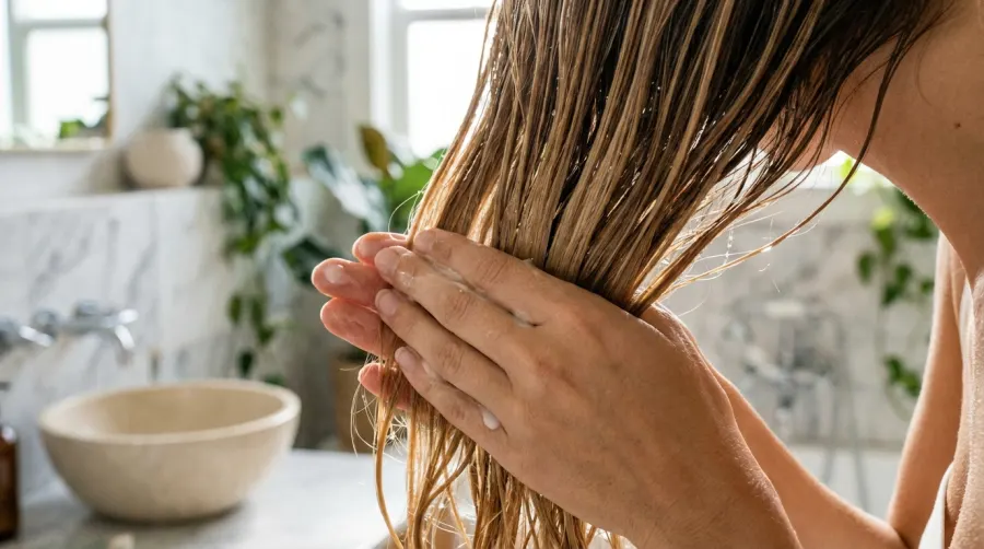 Nakładanie maski zakwaszającej na wilgotne włosy po dekoloryzacji