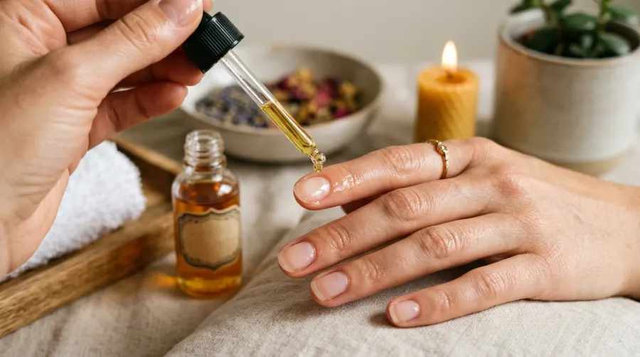 Aplikacja naturalnego olejku na płytkę płaskiego paznokcia