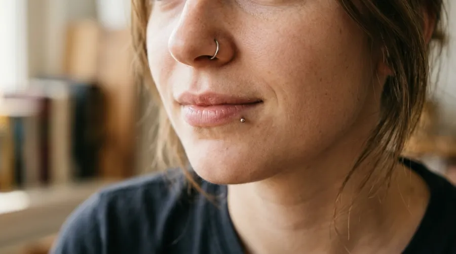Twarz z subtelnym piercingiem nosa i wargi