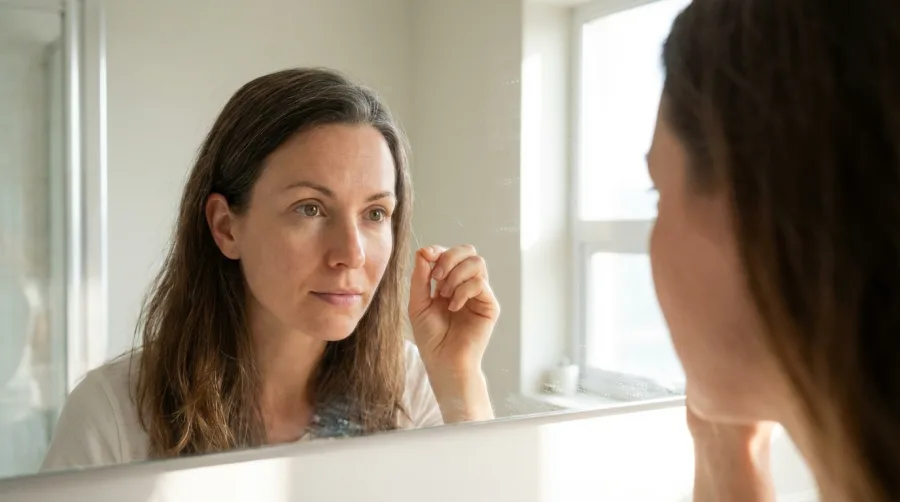 Kobieta oglądająca w lustrze pierwsze siwe pasma włosów