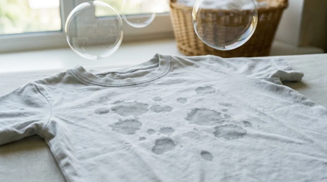 Szare plamy po bańkach mydlanych na bawełnianej koszulce