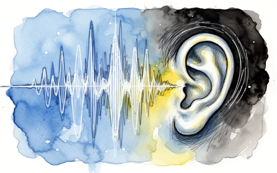 Abstrakcyjne fale dźwiękowe i ucho symbolizujące sygnały podświadomości