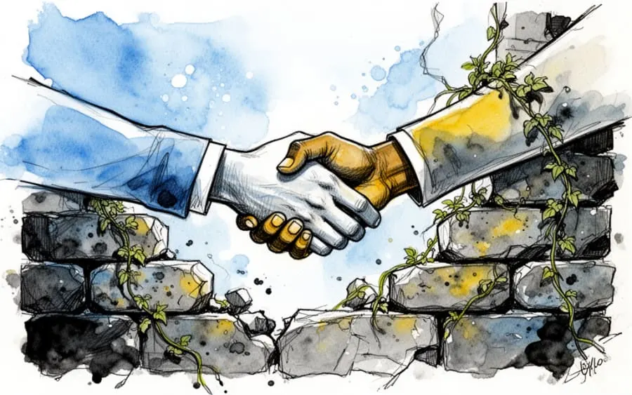 Uścisk dłoni nad zniszczonym murem jako symbol pojednania we śnie.