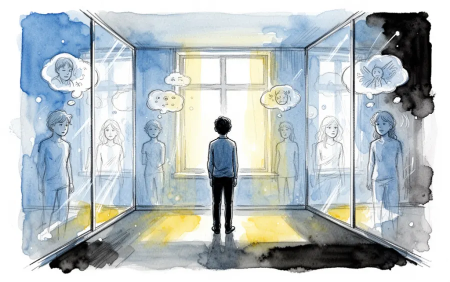 Postać w lustrzanym pokoju symbolizująca introspekcję