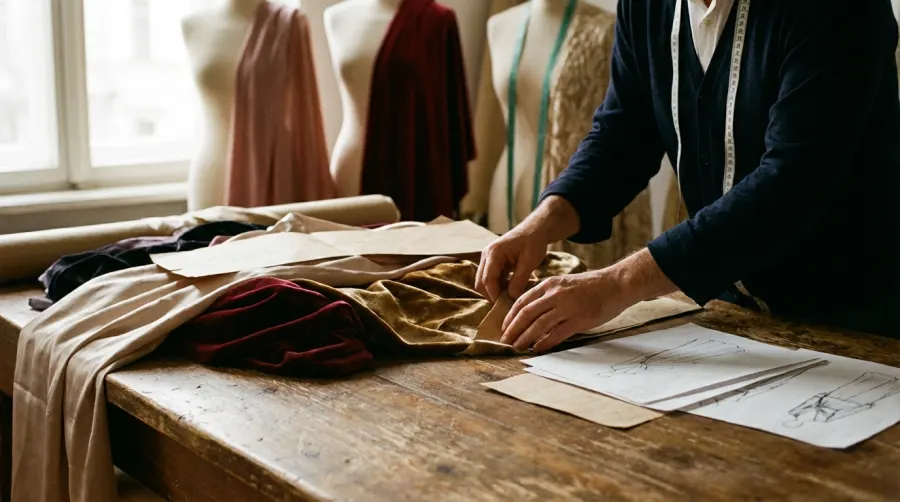 Krawcowa pracująca nad wykrojami kolekcji w profesjonalnej pracowni