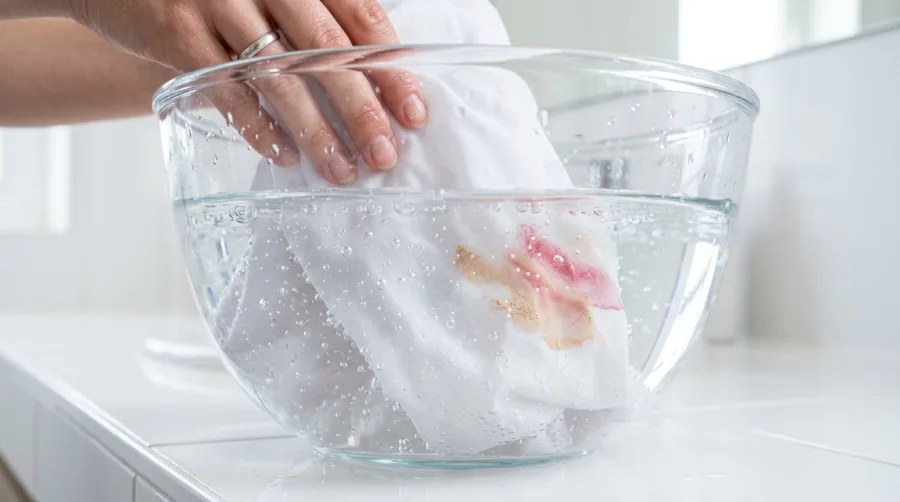 Wywabianie plamy z fluidu na śnieżnobiałej damskiej koszuli