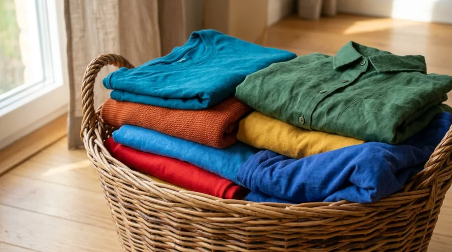 Kolorowe ubrania w wiklinowym koszu na pranie
