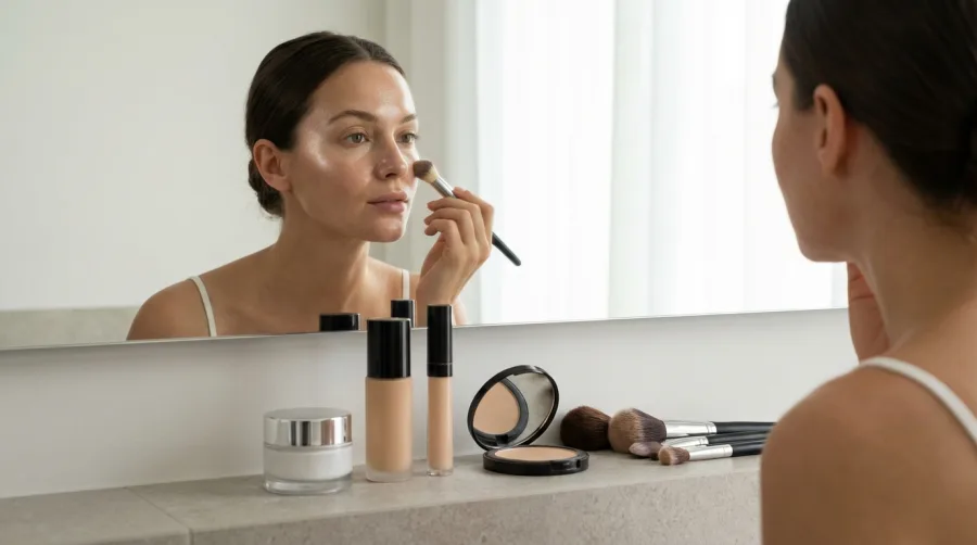 Kobieta wykonująca makijaż twarzy z zachowaniem prawidłowej kolejności
