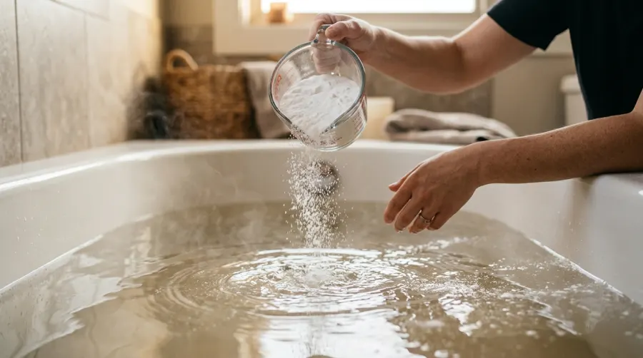 Wsypywanie odpowiedniej ilości sody oczyszczonej do wanny z wodą