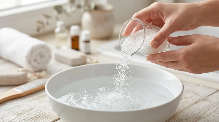 Wsypywanie kryształków soli Epsom do miski z wodą