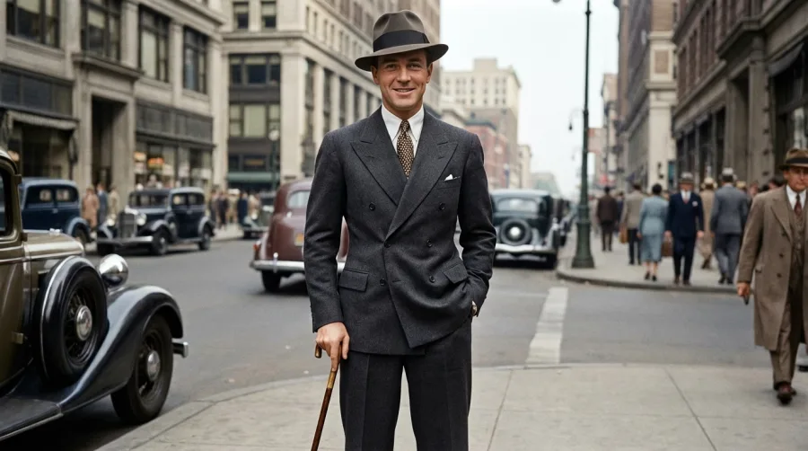 Mężczyzna w dwurzędowym garniturze i kapeluszu typu fedora