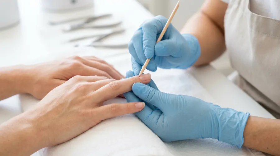 Delikatny manicure drewnianym patyczkiem przy macierzy paznokcia