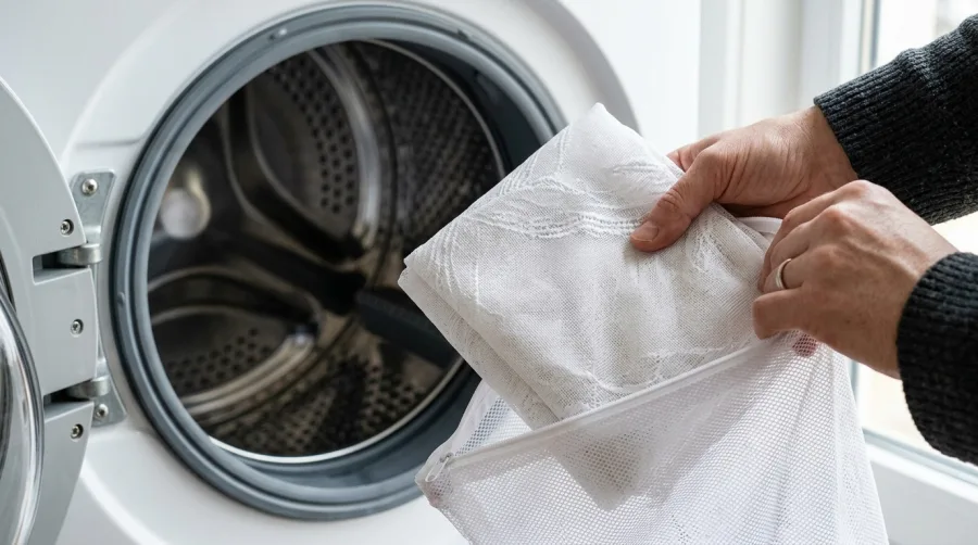 Biała firanka wkładana do siatkowego worka ochronnego