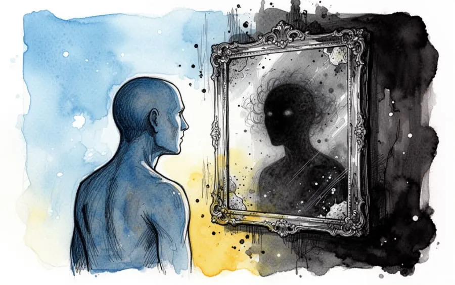 sylwetka człowieka patrząca w zakurzone lustro