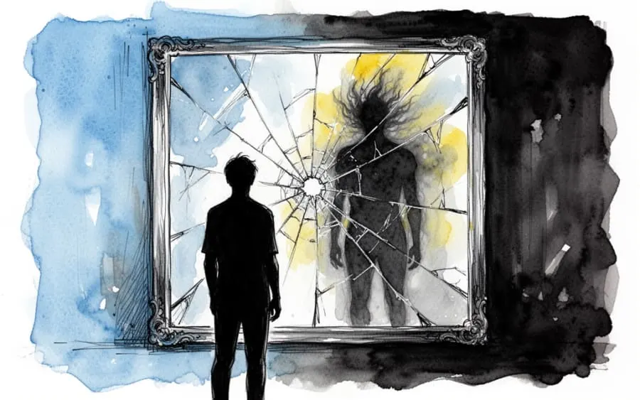 Sylwetka człowieka przed lustrem z odbiciem cienia symbolizująca psychologię snu