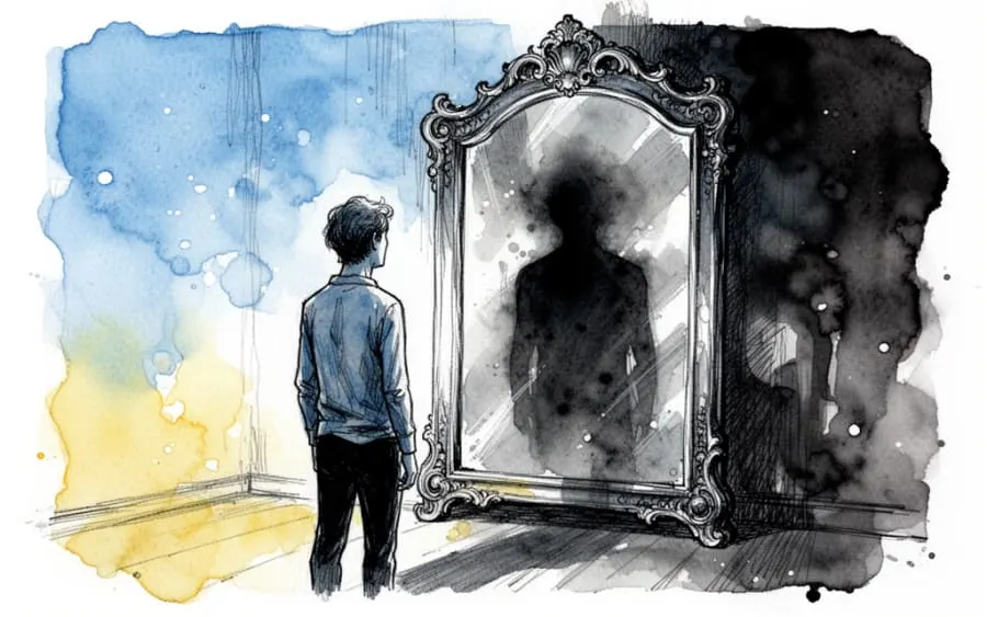 człowiek przed lustrem widzący cień symbolizujący podświadomość