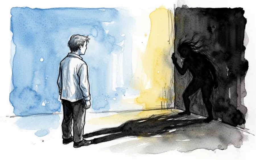 Symboliczna postać i jej cień czatujący za rogiem.