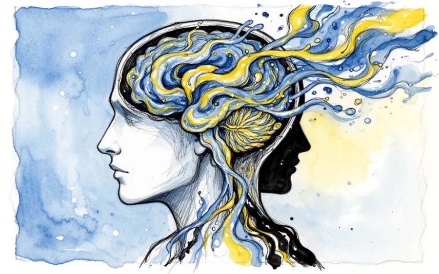 Sylwetka głowy wypełniona płynną substancją symbolizującą emocje