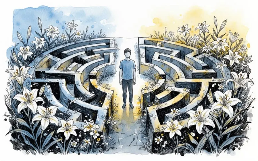 Osoba w ogrodzie wewnątrz labiryntu symbolizująca harmonię psychiczną.