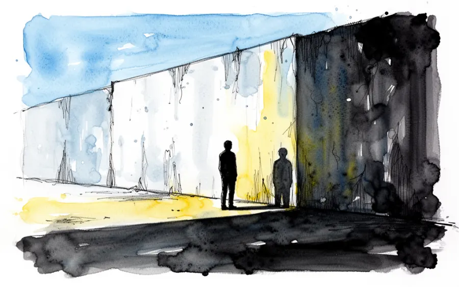 Sylwetka człowieka stojąca przed wielką ścianą symbolizującą bariery