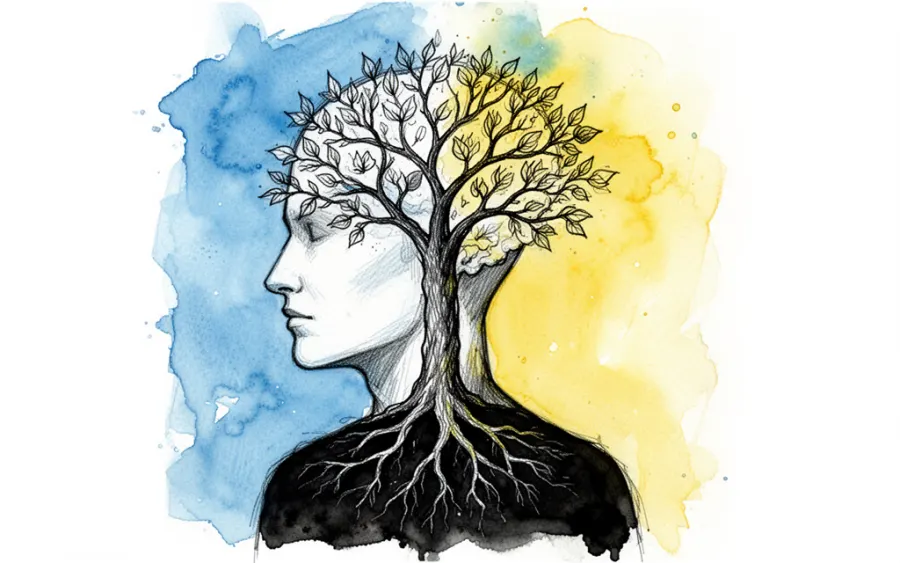 Sylwetka człowieka z drzewem w głowie psychologia snu