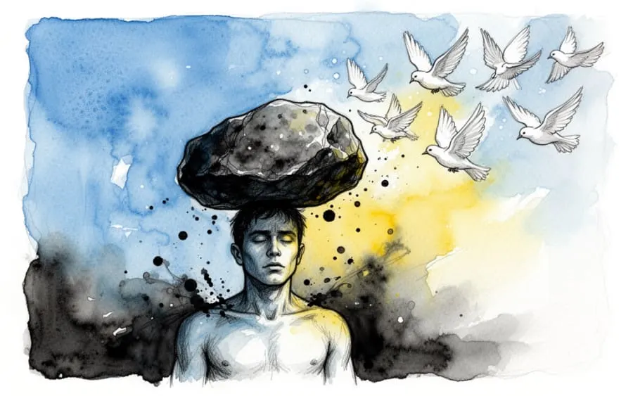 Ciężar spadający z ramion symbolizujący ulgę psychiczną