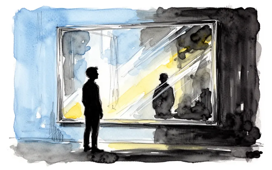 Człowiek patrzący na obraz symbolizujący podświadomość