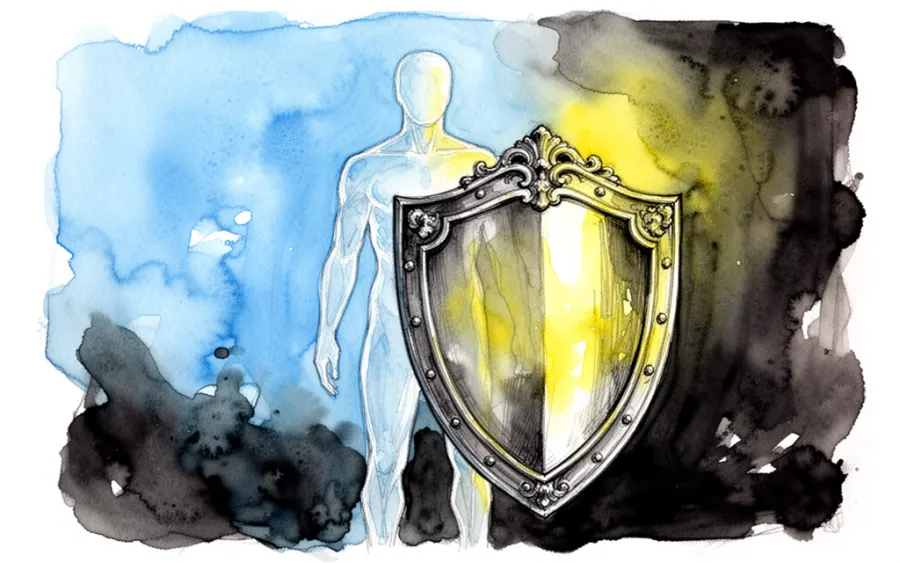 Postać za tarcza symbolizująca psychologiczną barierę i mechanizmy obronne