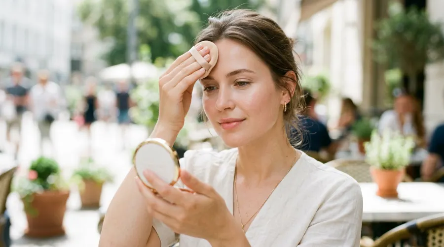 Kobieta aplikująca matujący puder ochronny na makijaż