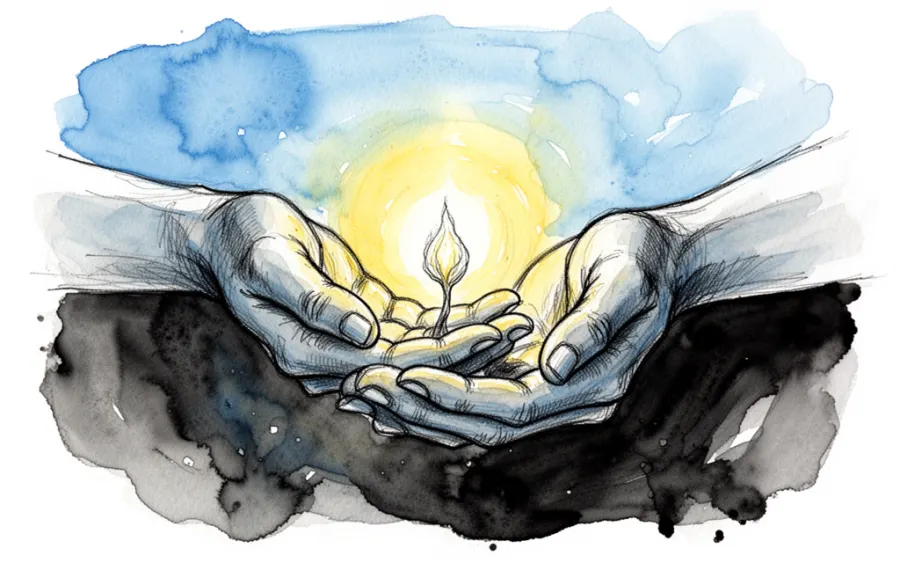 Dłonie chroniące światło jako symbol duchowego czuwania i opieki