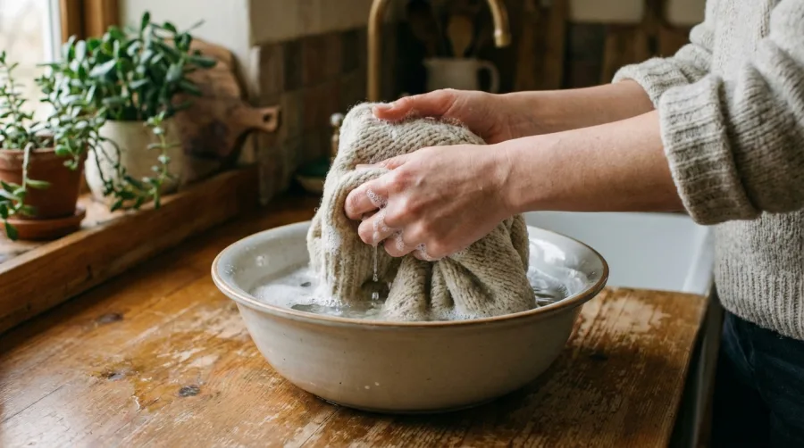 Prawidłowe pranie ręczne wełnianego swetra w misce