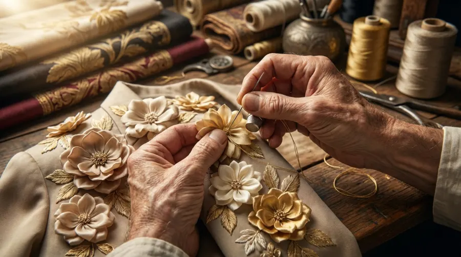 Ręczne przyszywanie jedwabnych kwiatów do eleganckiej marynarki