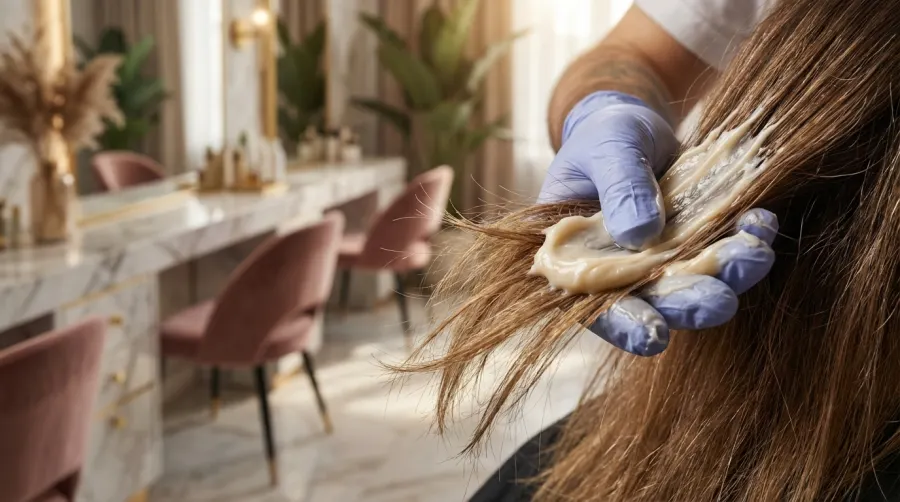 Nakładanie maski regeneracyjnej na spalone pasma włosów