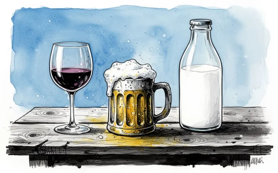 różne napoje alkohol i mleko sennik