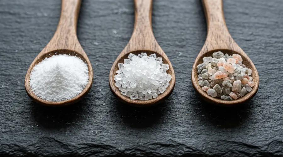 Drewniane łyżeczki z różnymi rodzajami soli i sody
