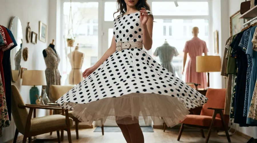 Kobieta w rozkloszowanej sukience midi w grochy