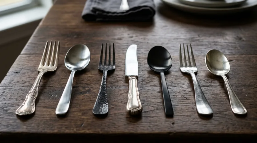 Różne rodzaje sztućców leżące na drewnianym stole