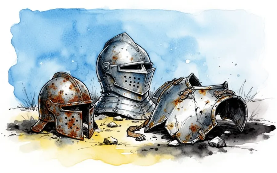 Różne rodzaje zbroi i uszkodzony pancerz leżący na ziemi