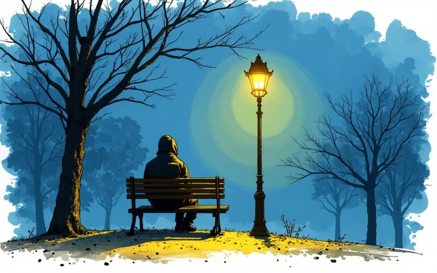 Tajemnicza postać czekająca pod latarnią w stylu akwarelowym.