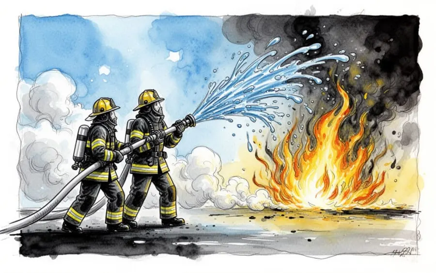 Strażacy gaszący pożar strumieniem wody sennik