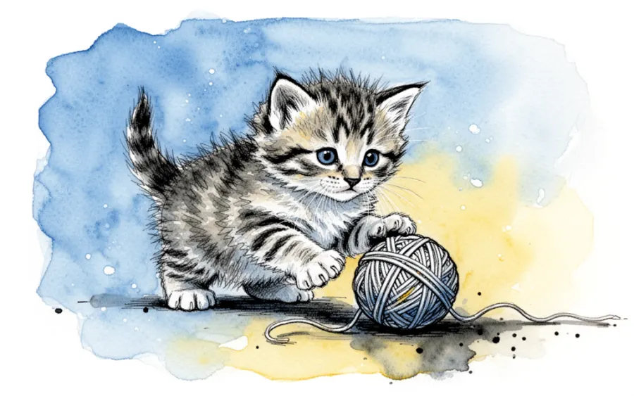 mały kotek bawiący się włóczką sennik