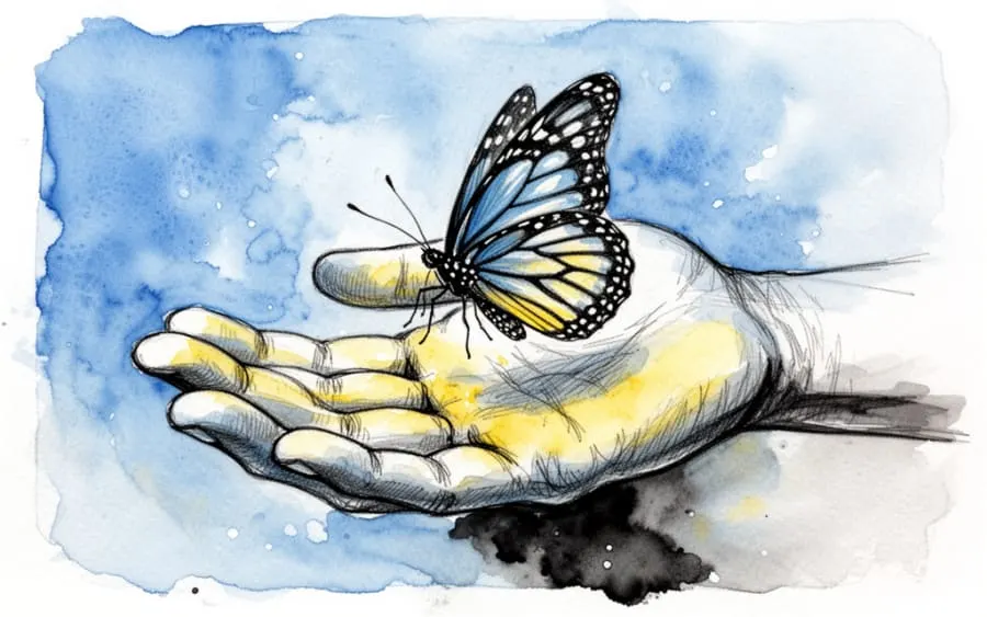 motyl siadajacy na dloni sen