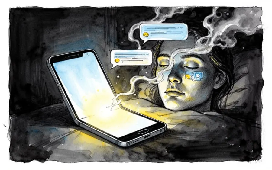 Ekran telefonu i dymne bańki czatu w ciemnym pokoju.