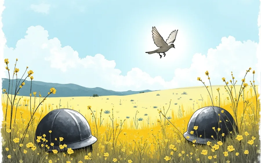 Biały gołąb pokoju lecący nad doliną z kwiatami w starych hełmach.