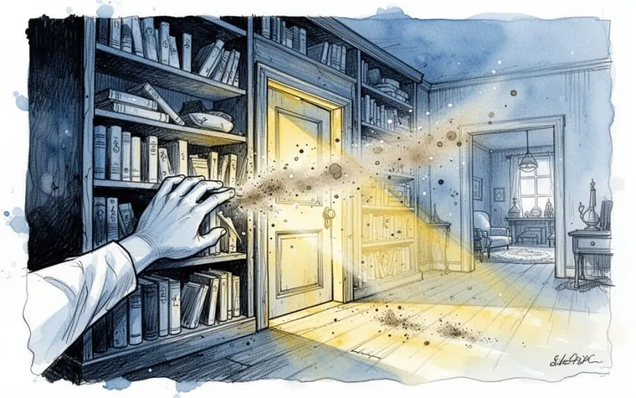 Odkrywanie ukrytego pokoju za regałem we śnie